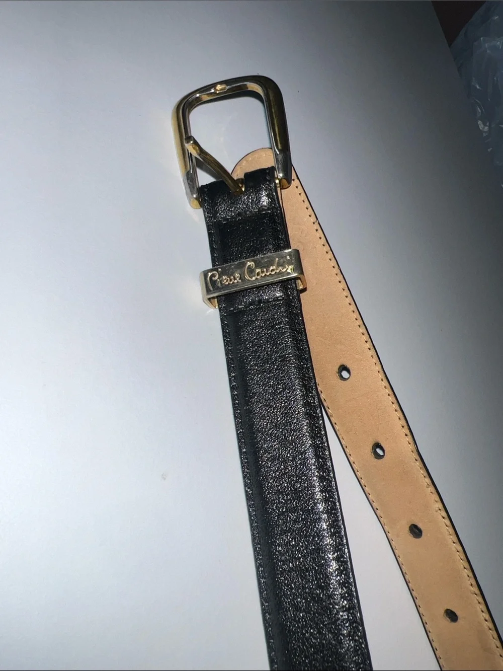 Vintage-Pierre Cardin Black Leather Belt with Gold Logo Accent